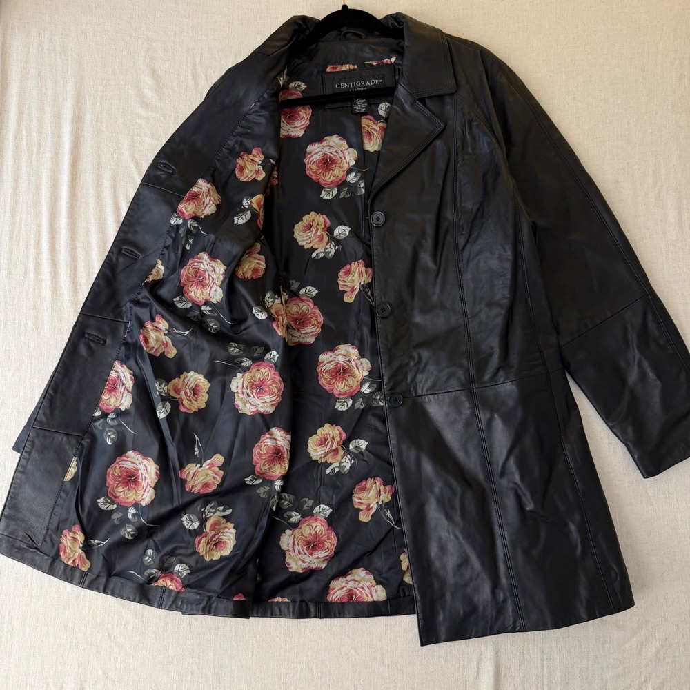 Centigrade Leather Coat women L Black Floral Lining Mid Length Jacket‎ vintage